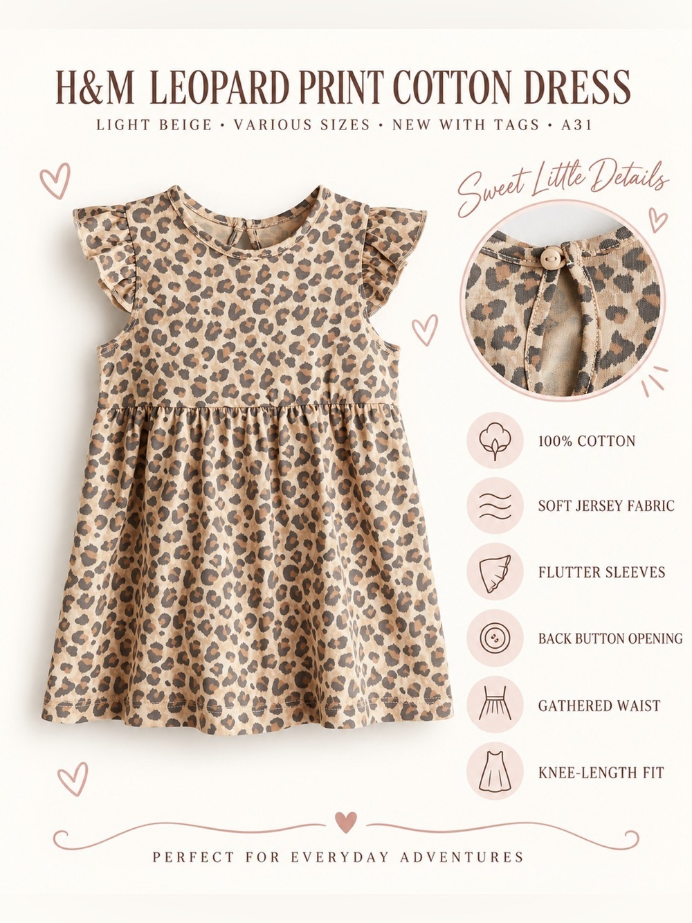 H&M LEOPARD PRINT COTTON DRESS -  BEIGE VARIOUS SIZES (NEW WITH TAGS) A14